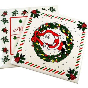 Christmas Holiday 6x6" Tile Coaster Set of 2 Vintage 1980s Santa Poinsettias